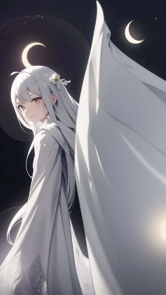 1 girl, silver hair, white eyes, white skin, smile, long hair, flying, floating in the air, white sheet, white cloak, holding a lantern, Chinese lantern, night, moon