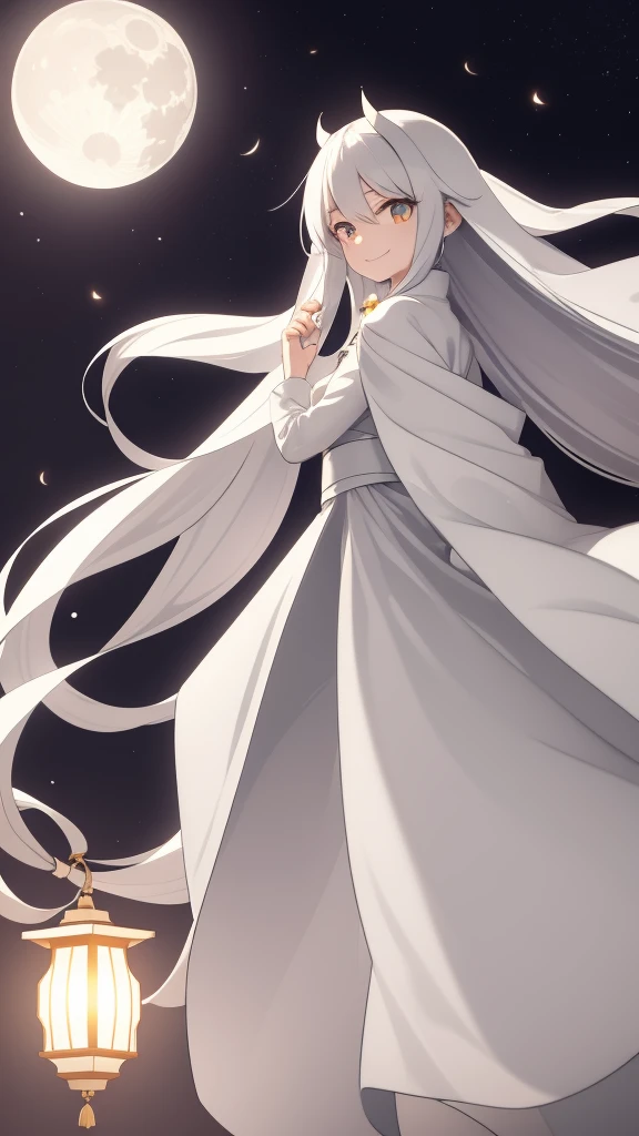 1 girl, silver hair, white eyes, white skin, smile, long hair, flying, floating in the air, white sheet, white cloak, holding a lantern, Chinese lantern, night, moon