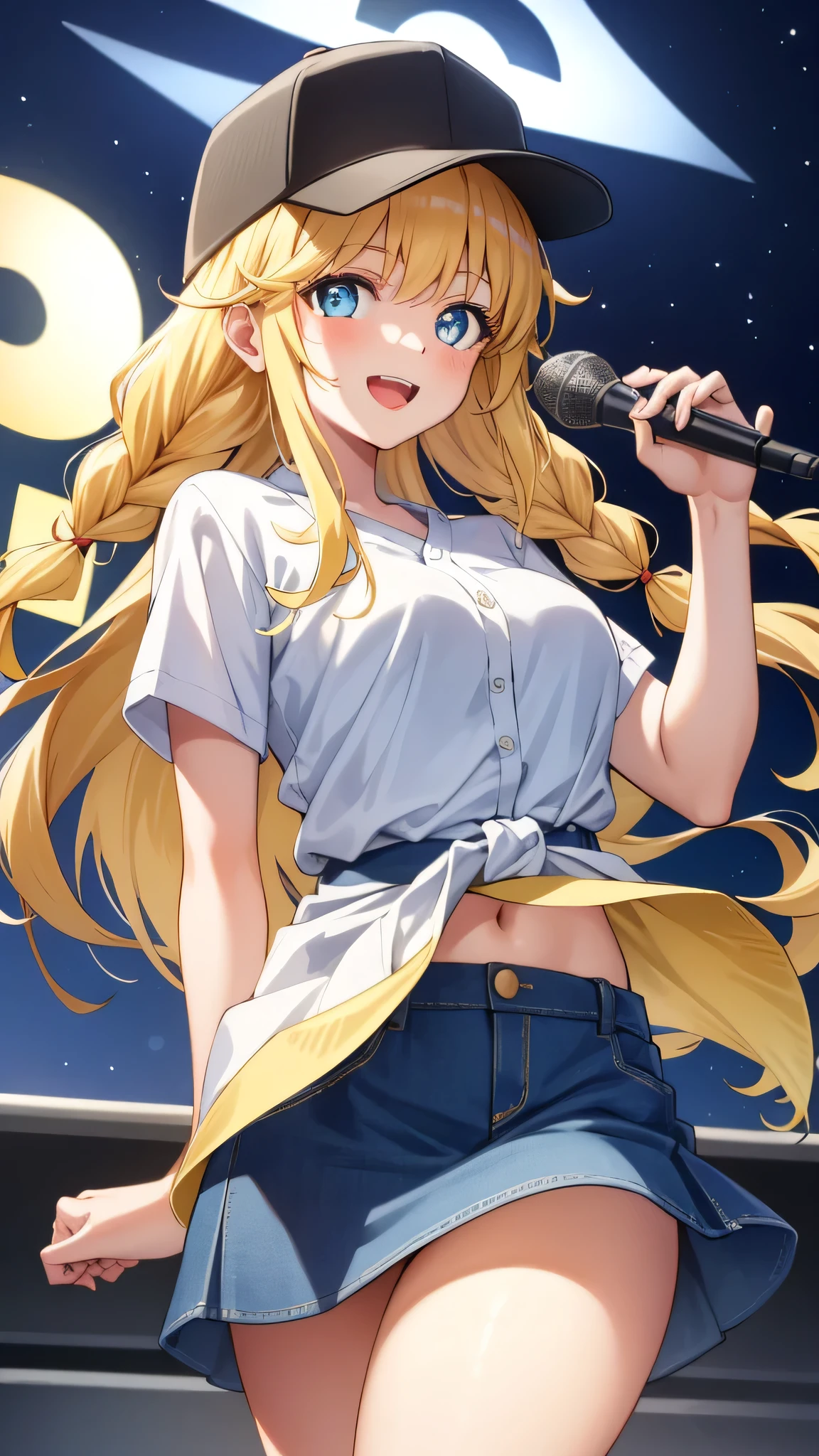 {{{masterpiece}}}, {{{best quality}}}, {{ultra-detailed}}, {illustration}, {{an extremely delicate and beautiful}}, (beautiful detailed eyes:1.6), extremely detailed face, 8k, anime face, Eiko Tsukimi(Ya Boy Kongming!), 1girl, solo, long hair, twin braids, braid, blonde hair, bangs, blush, hat, black headwear, baseball cap, blue eyes, medium breasts, thin waist, big hips, curvaceous, plump thighs, open clothes, denim, shirt, denim skirt, white shirt, shirt tucked in, short sleeves, microskirt, blue microskirt, multicolored jacket, BREAK, singing on the street, hold the microphone with both hands, sing, sorriso alegre, looking at viewer, outdoor, night, crowd of people