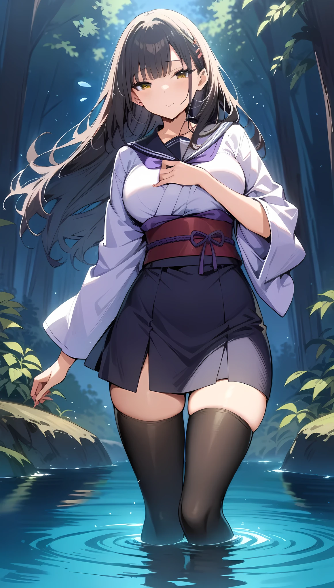 masterpiece, best quality, very aesthetic, absurdres,1girl, ,akebi_komichi, akebi-chan_no_serafuku, 1girl, black_hair, long_hair, hair_behind_ear,,zettai ryouiki, (tight dress), kimono, lighht purple kimono, detailed kimono, leggins, black leggins, black ppantyhose,,flying sweatdrops,besides a blue lake, night sky,stars,forest,Reflections in the water,,standing,floating_hair