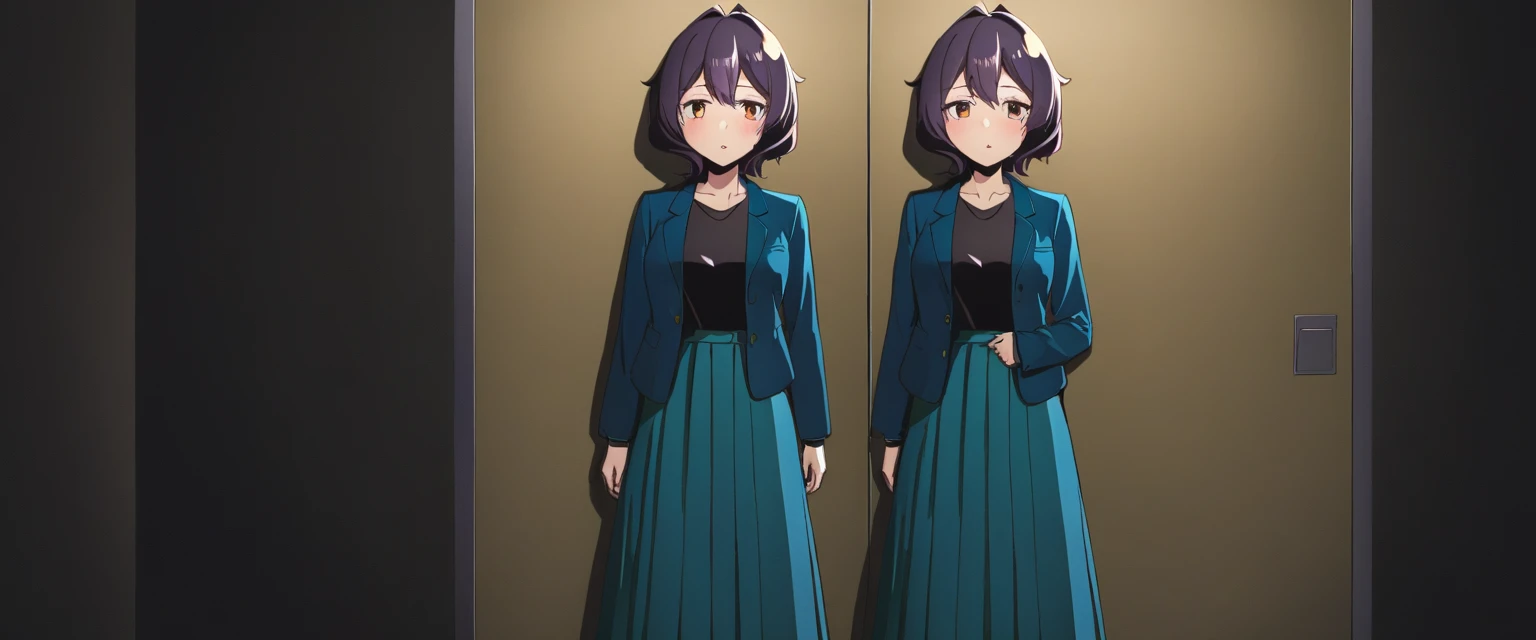 One girl, alone, Utena, Long skirt without pleats, Black Shirt, Blue jacket, outside, night  
