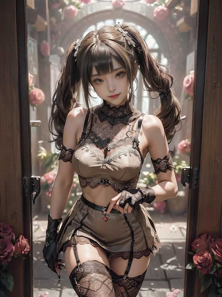 (Full Body View:1.2)、(Full body:1.3)、(Smiling with teeth showing:1.3),(Shibuya Gal:1.5)、(PLAYBOY girl:1.3)(Neo-goth style fashion:1.5)、(Idol Costumes:1.4)、(Medieval royal knitted miniskirt nightdress in wine, dark brown and beige with decorations:1.5)、(Black, brown and beige gloves and a Compression shirt:1.5)、(Denim high heels:1.3)、(Wearing silver accessories:1.5)、(Lace collar:1.4)、(Leather garter belt:1.4)、(Brown Skin Belt:1.3)、(Black lace underwear:1.5)、20-year-old、(Doing an aerobics pose:1.3)、((Highest quality、In 8K、masterpiece:1.3))、Sharp focus:1.2、(Layered Cut、Huge boobs:1.1),Beautiful woman with perfect figure:1.4、(Dancing vigorously:1.3)、Slender Abs:1.2、Highly detailed face and skin texture、Detailed eyes、double eyelid,(Twin tails:1.3)、(Brown-golden hair:1.3)、Gravure idol、(The background is a VIP room of a high-class cabaret club surrounded by roses on a sunny day outdoors.:1.3)、(Slim body:1.2),(Thin thighs:1.4),(clavicle:1.1)
