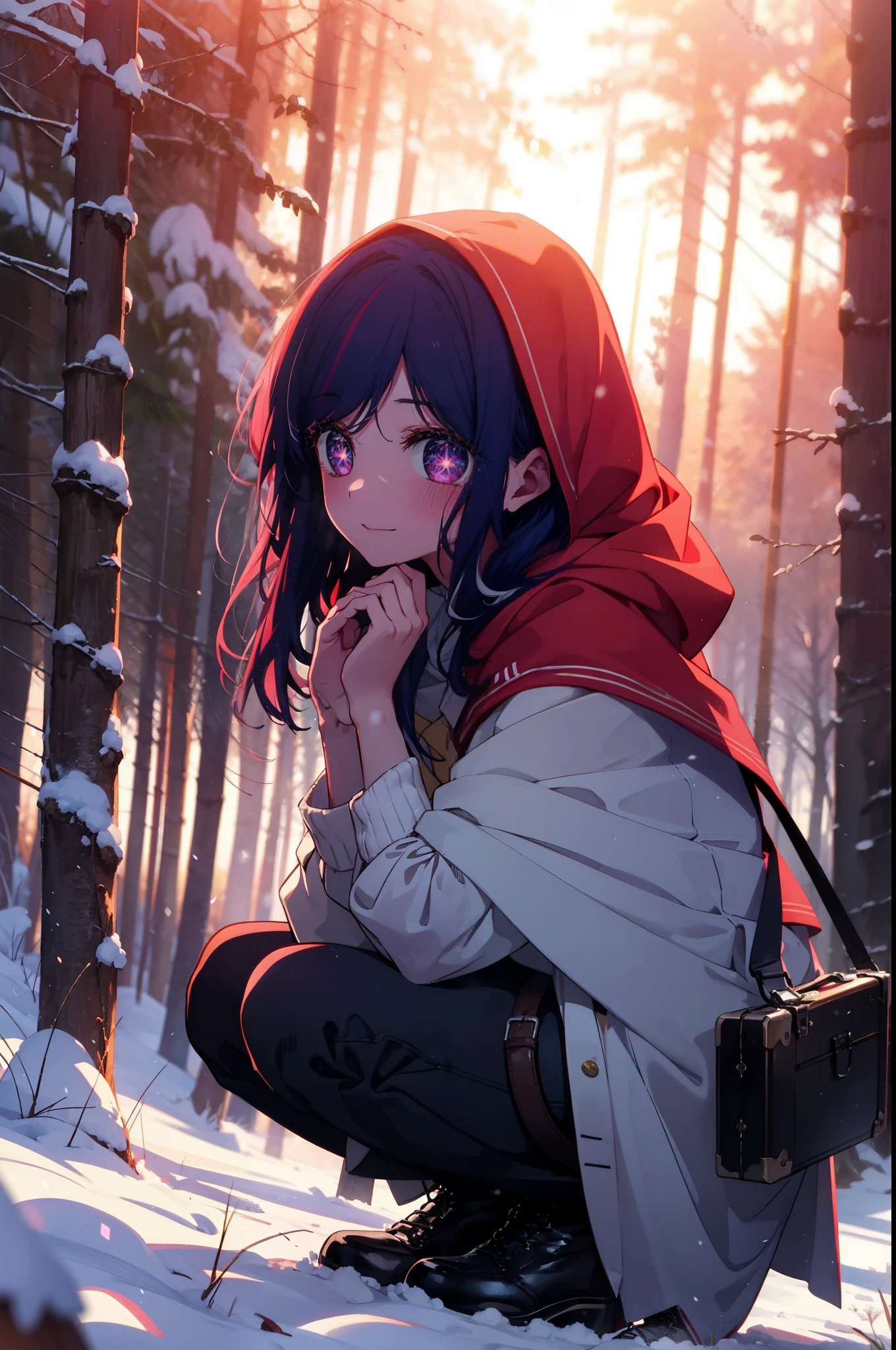aihoshino, Ai Hoshino, Long Hair, bangs, (Purple eyes:1.1), Purple Hair, (Symbol-shaped pupil:1.5), smile,,smile,blush,White Breath,
Open your mouth,snow,Ground bonfire, Outdoor, boots, snowing, From the side, wood, suitcase, Cape, Blurred, , forest, White handbag, nature,  Squat, Mouth closed, Cape, winter, Written boundary depth, Black shoes, red Cape break looking at viewer, Upper Body, whole body, break Outdoor, forest, nature, break (masterpiece:1.2), Highest quality, High resolution, unity 8k wallpaper, (shape:0.8), (Beautiful and beautiful eyes:1.6), Highly detailed face, Perfect lighting, Highly detailed CG, (Perfect hands, Perfect Anatomy),