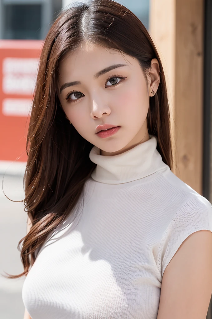 (masterpiece:1.5)、(Realistic:1.5)、(Highest quality:1.4、8K、RAW Photos)、 Ultra-high resolution、Professional Lighting、Perfect dynamic composition、Outdoor Shot、 Film Grain、chromatic aberration、(Bokeh:1.1)、 Frank、Sophisticated、charm、Surreal、High detail、Golden Ratio、 (1 Girl)、Slender girl、繊細でcharm女の子、Cute Woman:1.4、 Serious expression、Looking at the audience、Various poses、 Light brown hair、Shiny Hair、Hairstyle: ponytail、 Realistic looking skin、 shut up.、Beautiful Eyes、double eyelid、Thin arms、、 (Wearing a white ribbed turtleneck sweater dress:1.3)