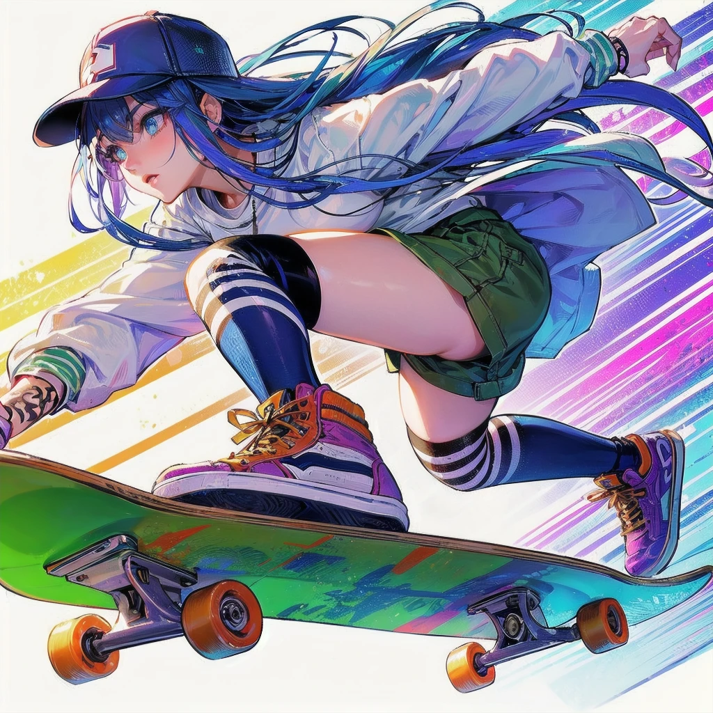 masterpiece, (textured skin), best quality, gorgeous beautiful girl, (a female skateboard athlete), detailed clothes,large breasts,narrow waist,, (beautiful face), cinematic lighting, (at skateboard venue ),