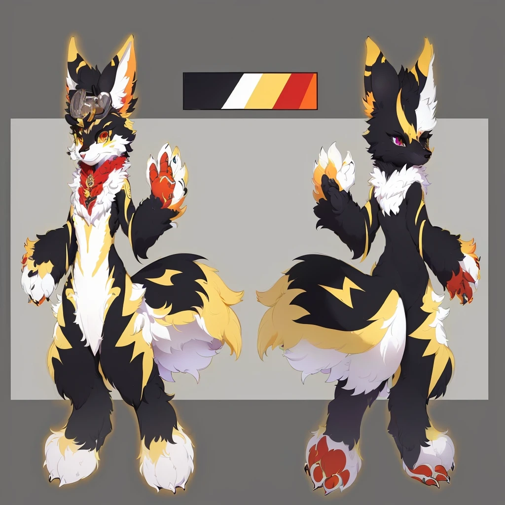 a detailed intricate anthropomorphic fursona character, detailed full body fursona, highly detailed fursona concept, photorealistic fursona, anatomically accurate fursona, expressive fursona with dynamic posing, fursona with vibrant colors of black, yellow and red, fursona with soft, fluffy fur textures, fursona commission, furaffinity fursona commission, dynamic fursona in an eye-catching artistic style, detailed sketch of a full-body fursona, highly detailed fursona art, fursona with defined personality, fursona with appealing charisma