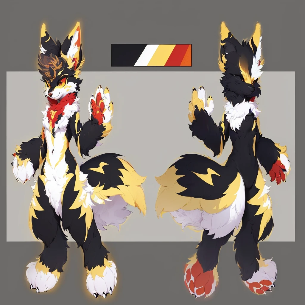 a detailed intricate anthropomorphic fursona character, detailed full body fursona, highly detailed fursona concept, photorealistic fursona, anatomically accurate fursona, expressive fursona with dynamic posing, fursona with vibrant colors of black, yellow and red, fursona with soft, fluffy fur textures, fursona commission, furaffinity fursona commission, dynamic fursona in an eye-catching artistic style, detailed sketch of a full-body fursona, highly detailed fursona art, fursona with defined personality, fursona with appealing charisma