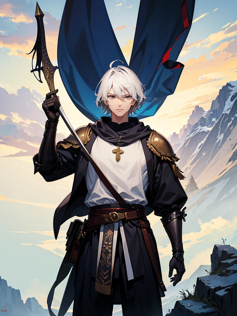Make the msost beautiful picture that you can, whatever you want to make, make it a beautiful landscape, make it very beautiful, add some animals, add a warrior in the background, it is of medieval times, he's holding a big rijbdulahwyhbkked sword, has bow and arrows on hims back and is wearing cool clothes, he's standing with his sword out in front of a village, make it look like an anime, he's tall and looks very handsome, he's wearing a mask, he has a great body
