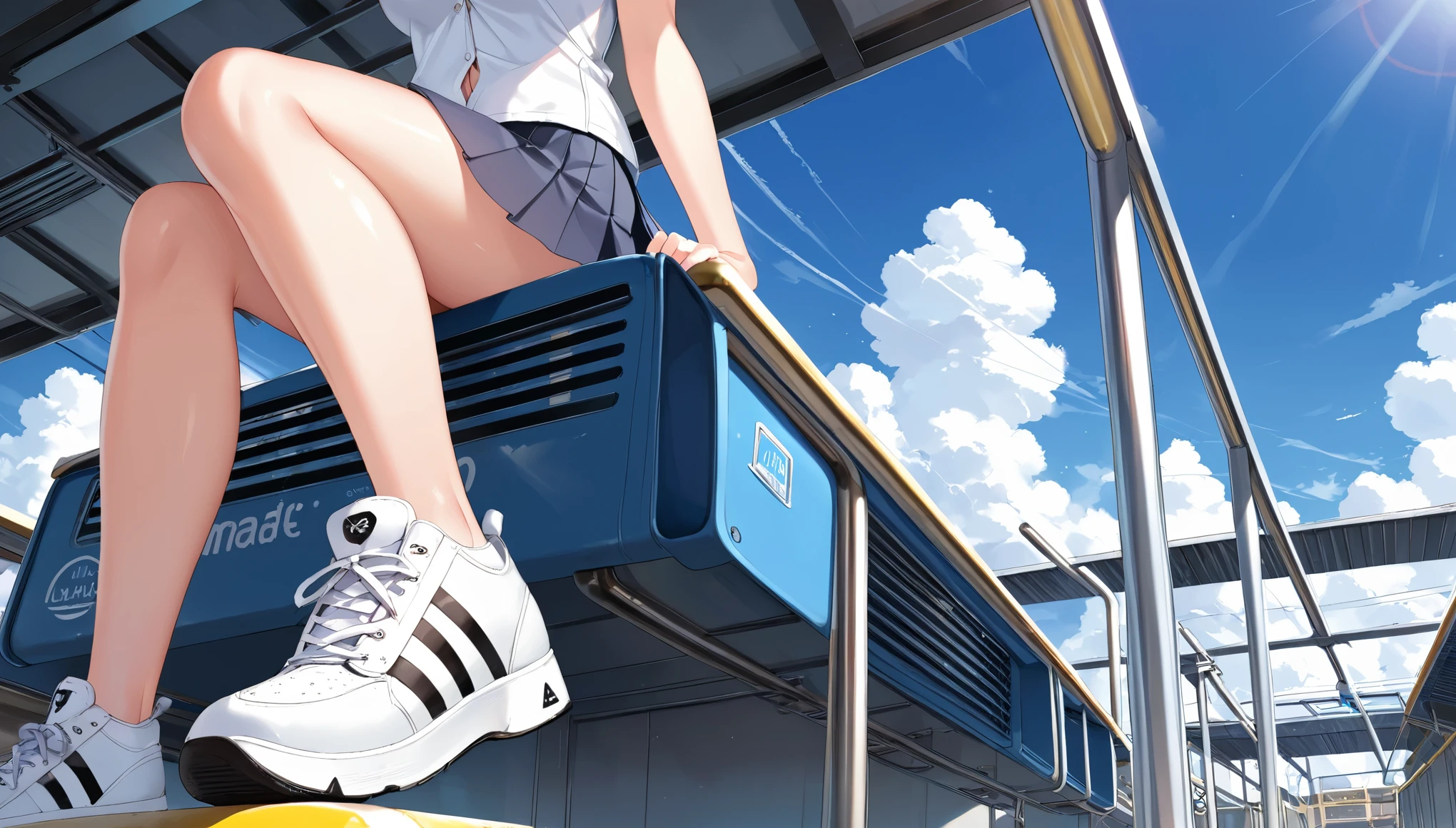 Ultra high definition photo. The sky is cloudy and full of dark clouds. It's dark like a place where it's going to rain. At an old train station, a girl sits lonely on her bench. Her hair is flying. The girl is wearing her pleated skirt and her bb sneakers. You can see the back of the train that has just passed. Close-up side shot of a girl
