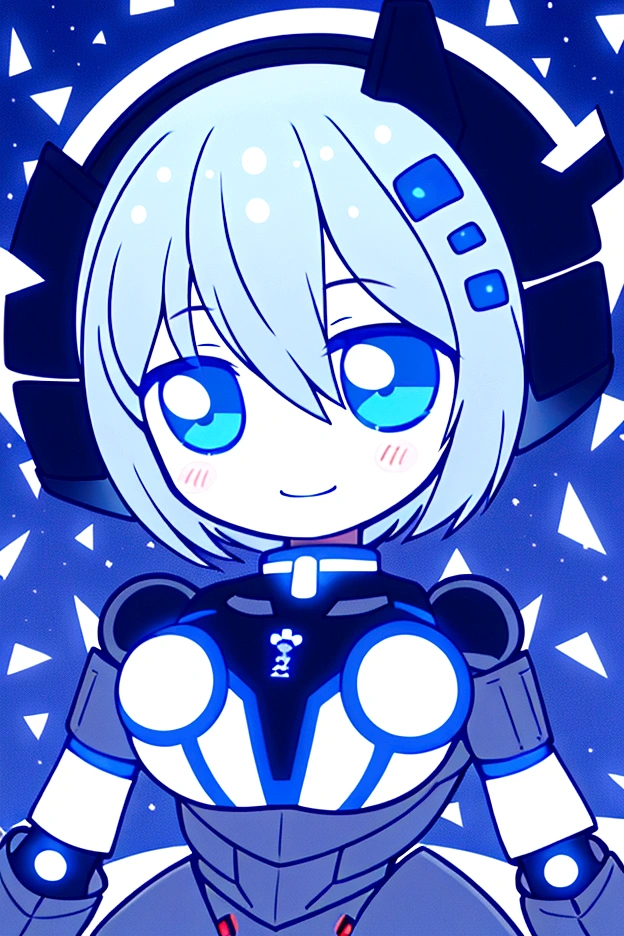 Robot girl, she herself is white and blue, she has short white hair down to her shoulders, she also has blue eyes, instead of ears she has mechanical rays of white and blue colors, she has a smile on her face, and also it is hollow.