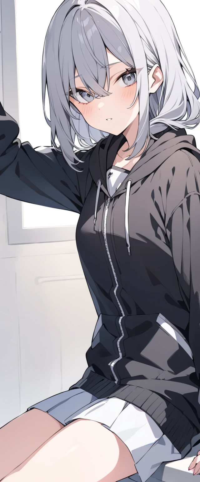 Gray hair(It&#39;s about to go to the waist) ・Large breasts(AND~About F) ・Looking up ・Flirting but also a little embarrassed ・Self-indulgent outfit