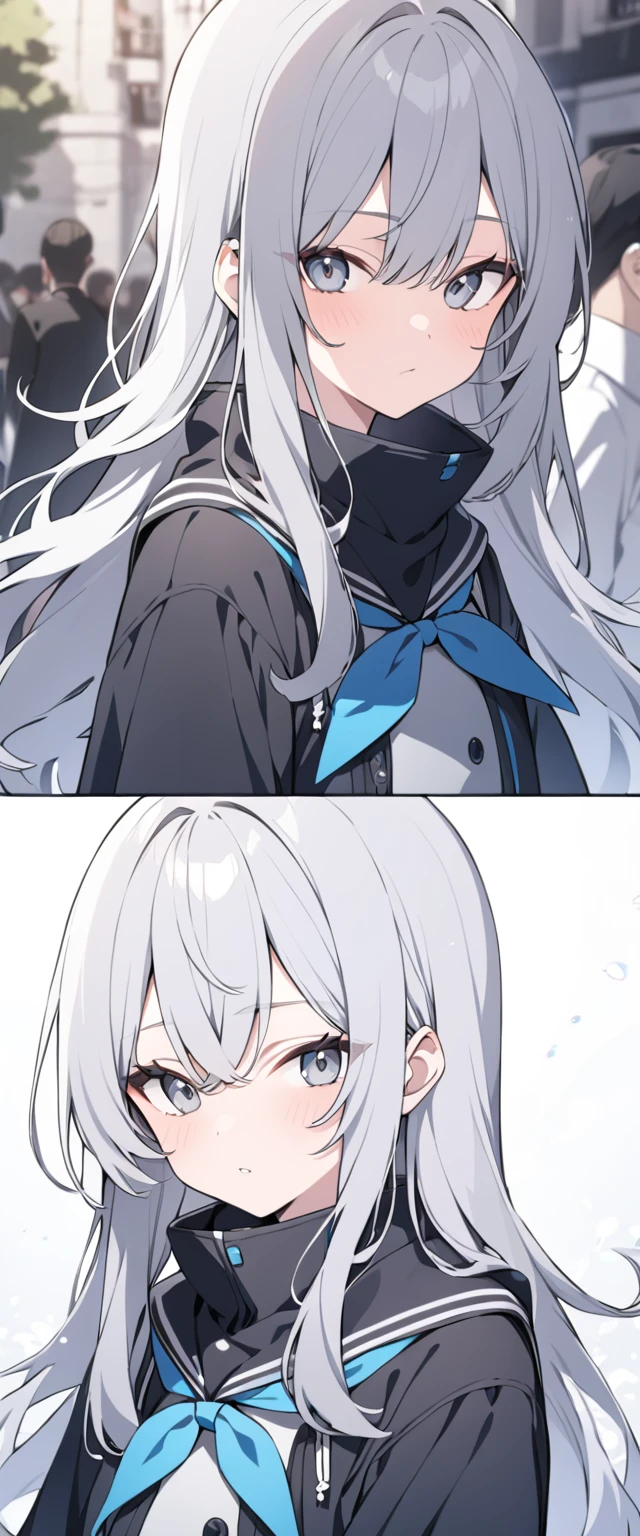 Gray hair(It's about to go to the waist) ・Large breasts(AND~About F) ・Looking up ・Flirting but also a little embarrassed ・Self-indulgent outfit