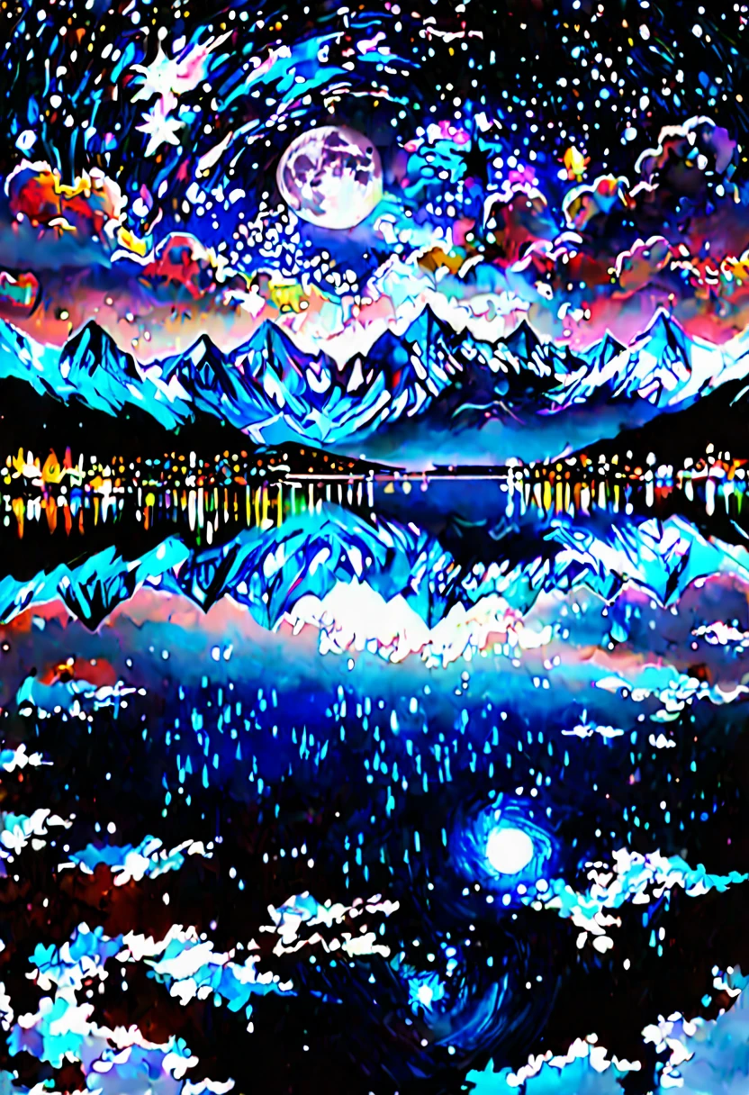 Ultra-high quality,Sea,Reflection,City lights are bright,moon,Snow-capped mountains in the distance,galaxy, Star,Sea of Clouds, Beautiful scenery, Night view,masterpiece