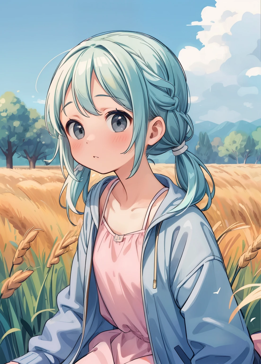 (masterpiece、Highest quality、Highest quality、Official Art、Beautiful and beautiful:1.2)、(One girl:1.3)Hatsune Miku、Twin tails,Beautiful breasts,One Woman、Cute face、Also々New Expressions、Japanese、Attractive eyes、Cream colored hair、French Braid、18-year-old、Grey Eyes、Camisole dress、Blue jacket、Outdoor、Alsoとした佇まい、Wheat field