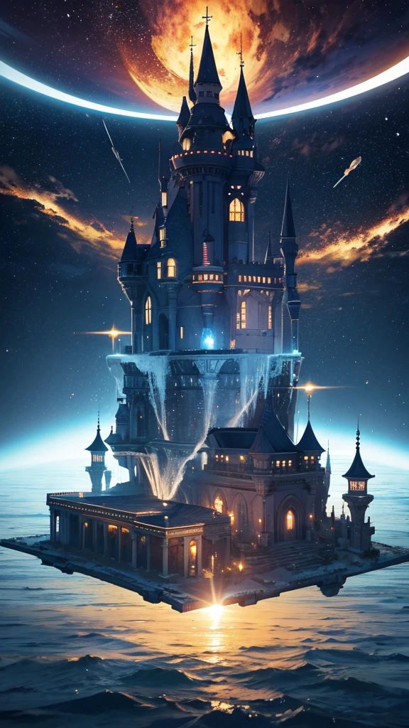 (Highest quality,4K,8K,High resolution,masterpiece:1.2),Super detailed,Floating Castle in Space:1.2,Reflection on the surface of the water:1.1,Unrealistic,Detailed starry sky,Mysterious Light,anti-gravity,
