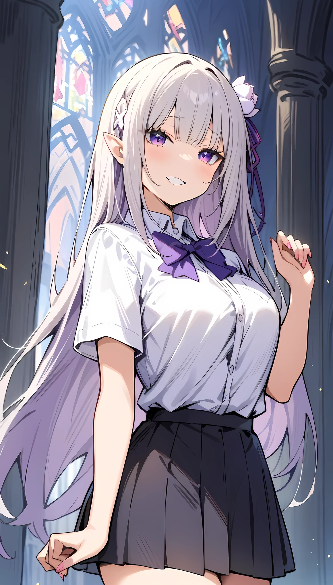 masterpiece, best quality, very aesthetic, absurdres, newest,1girl, pleated skirt, shirt tucked in, tented shirt,emilia_(re:zero), re:zero_kara_hajimeru_isekai_seikatsu, 1girl, elf, pointy_ears, white_hair, long_hair, purple_eyes, hair_flower, hair_ornament, hair_ribbon, purple_ribbon,,slenched teeth,in a church,cathedral,standing,floating_clothes