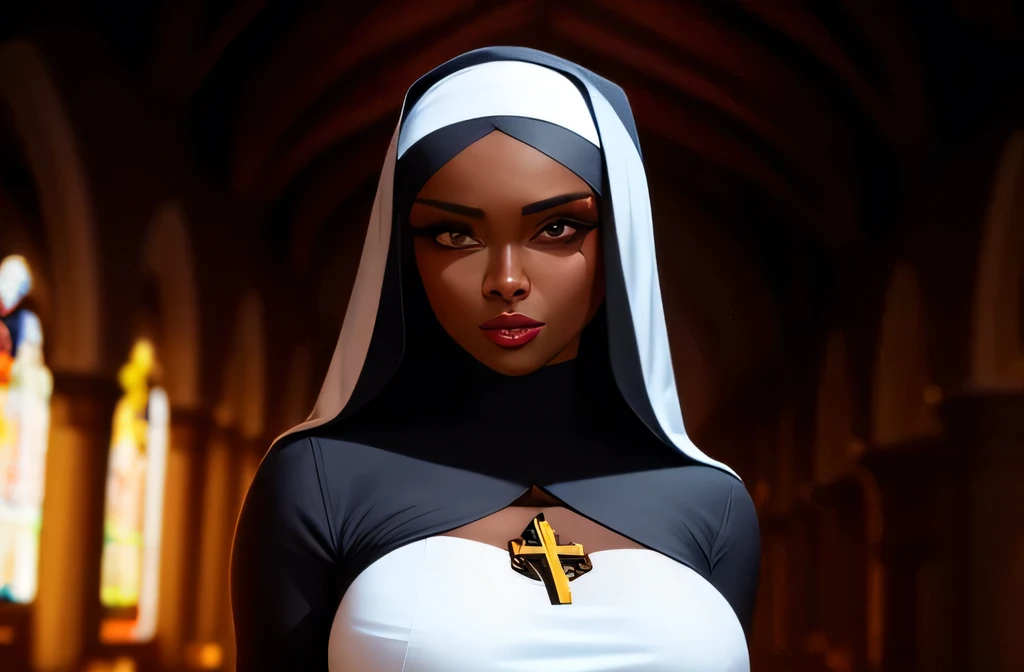 a dark skin beautiful woman dressed as a nun standing in a church, detailed face, cyberpunk, big boobs