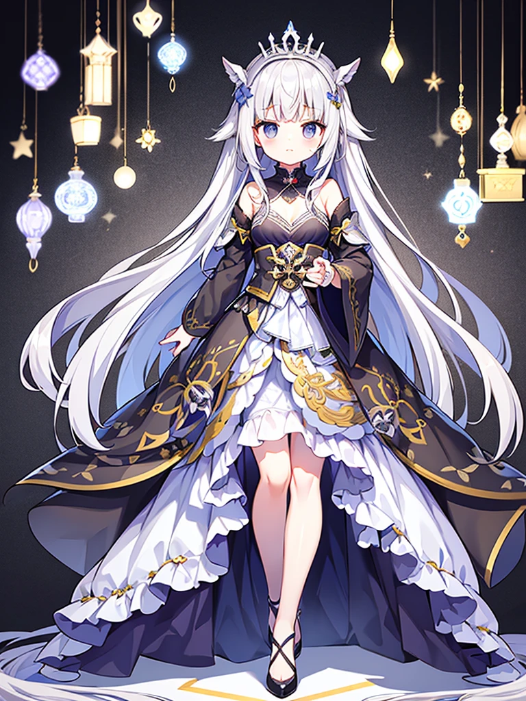 Full-body portrait、Are standing、silver gray hair、Messy hair、Very long hair、Long Hair、Silver-based noble princess outfit、銀色の綺麗なLockの杖を持っている、Lock