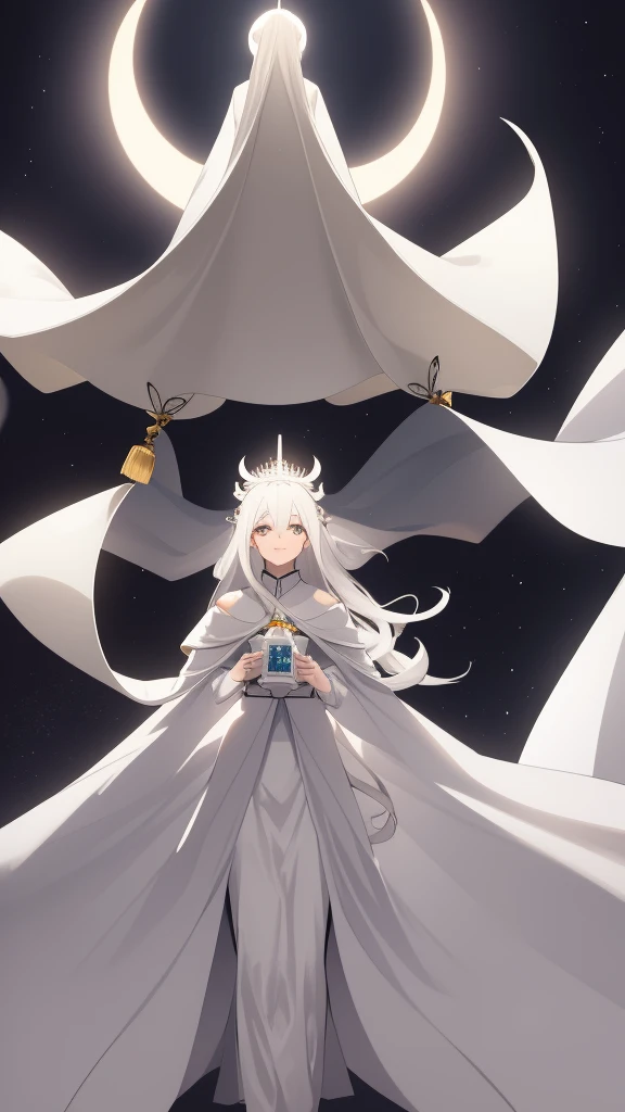 1 girl, silver hair, white eyes, white skin, smile, long hair, flying, floating in the air, white sheet, white cloak, holding a lantern, Chinese lantern, night, moon