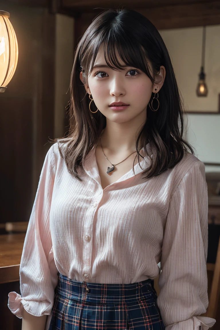 (Highest quality:1.4),(masterpiece:1.4),(Realistic:1.4),(Realistic:1.2),(超High resolution, RAW Photos:1.4),(High resolution, Ultra-detailed:1.2),(8K:1.2),View your viewers,Cinematic photography,One girl,skeletally correct,Black-haired woman,(Small earrings,necklace,Pink blouse,Checked long skirt,View from the front),(Western-style building interior,Dimly lit room,The lamplight shines on my cheeks)