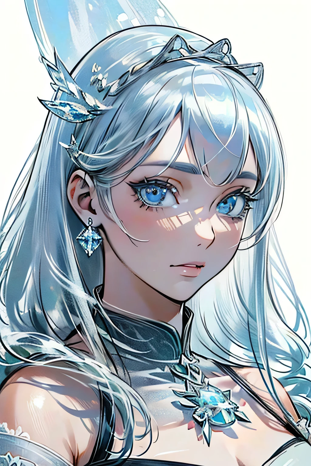 (best quality,4k,8k,highres,masterpiece:1.2),ultra-detailed,(realistic,photorealistic,photo-realistic:1.37),1girl,medieval fantasy,anime,ice blue eyes,black hair,magic,ice mage,ice magic,frost,cold,blue dress,white dress,detailed face,beautiful detailed eyes,beautiful detailed lips,extremely detailed eyes and face,longeyelashes,demure,full body portrait,white backdrop