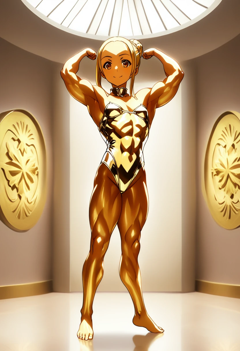 1girl, solo, official style, , Yui, Sao, sword_art_online, blonde hair, high hair bun, single hair bun, ballerina bun, forehead, board forehead, makeup, gold face, brown eyes, (metallic skin _1.5), (gold skin_3.0), bodypaint, shiny skin, body shiny, goldcarvingcd, SlightMuscle, Bulky, Bodybuilder, Hypermuscle, alternate muscle size, leotard, gold leotard, highleg, clothing cutout, stomach cutout, looking at viewer, smile, closed mouth, full body, standing, from side, bare shoulder, barefoot, pose, arms up, double biceps pose, flexing, indoors, museum, building, light, 