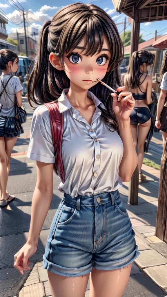girl smoking a cigarette、blowing cigarette smoke at a friend