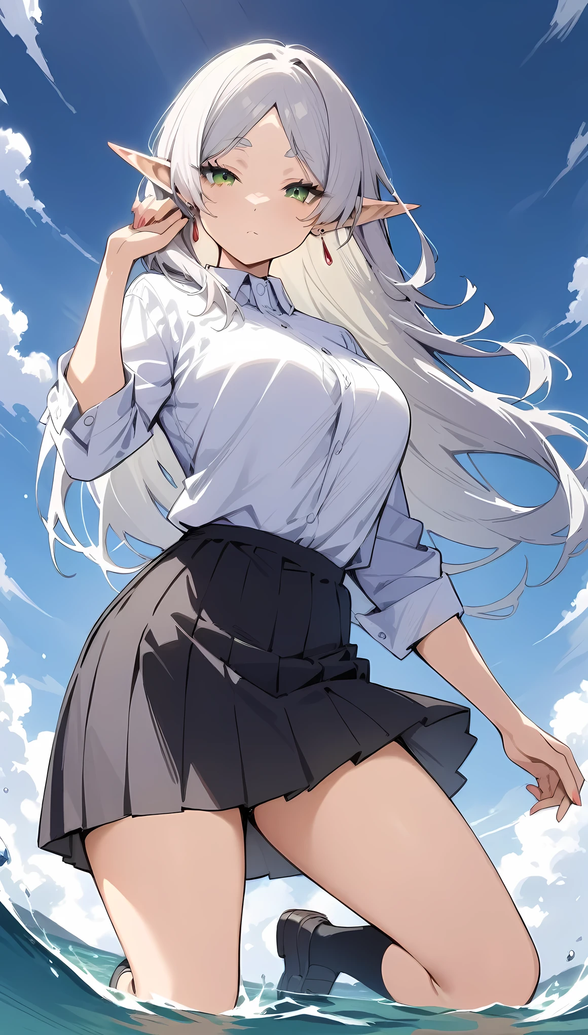 masterpiece, best quality, very aesthetic, absurdres, newest,1girl, pleated skirt, shirt tucked in, tented shirt,frieren,sousou_no_frieren,elf, green_eyes, grey_hair, white_hair, long_hair, parted_bangs, pointy_ears, dangle_earrings, drop_earrings, earrings,,expressionless,in heaven,kneeling,floating_hair