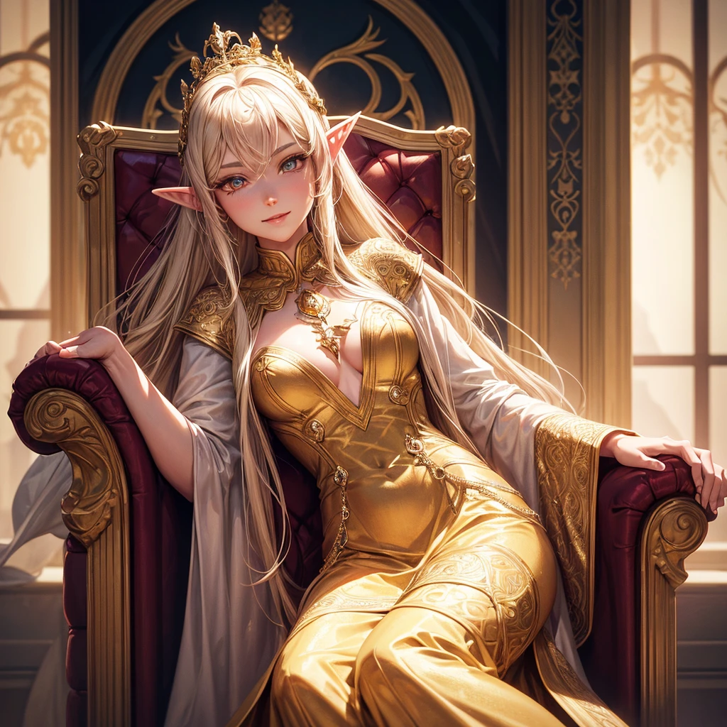 a woman in her thirties, 1girl, elf, long golden hair, small breasts, long pointed ears, yellow eyes!!!, smiling face, white sexy dress, crown on the head, sitting on a throne, manor, very sexy body, detailed face, beautiful detailed eyes, beautiful detailed lips, extremely detailed eyes and face, long eyelashes, detailed clothing, intricate details, highly detailed, photo realistic, 8k, best quality, masterpiece, cinematic lighting, dramatic lighting, vibrant colors, fantasy, digital art, concept art