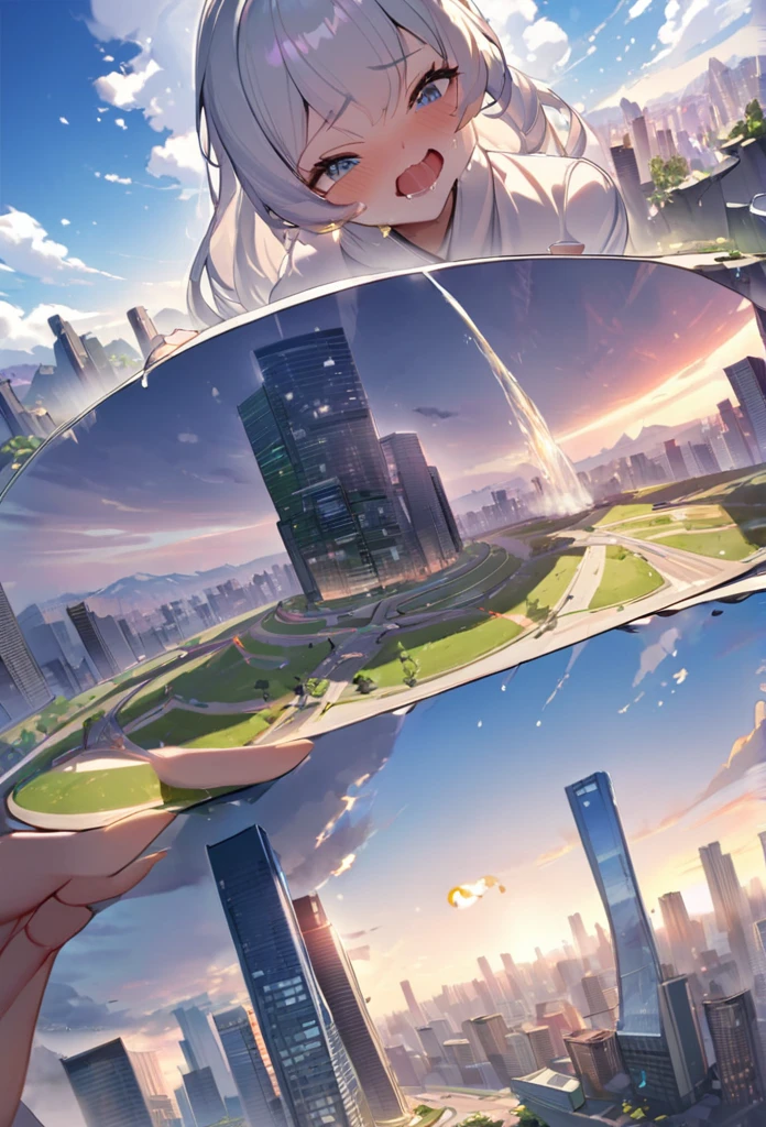 NSFW，{A giantess}，{1个Giant Girl}，{urinating}clouds， looking over city， mountain ranges， tmasterpiece, Best quality, The content is very detailed,tmasterpiece,Best quality,offcial art,extremely detaild的 CG unified 8k wallpapers，{{{A giantess}}}，Huge girl，1 girl，modern miniature city，pissing，No shoelackstockings}，squatt，face flushed，comfortable expressions，pissing，urine，Nourishes urine，urine squirting，Urine gives off steam，Modern miniature city squatting and peeing ，The city is full of urine, wxaliwonlan