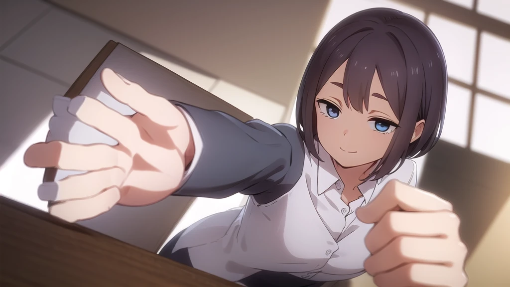 Monatsukishiro, Mona Tsukishiro, short hair, blue eyes, Brown Hair, (amount:1.2), smile,
break skirt, shirt, Long sleeve, white shirt, collared shirt, Best, Pencil Skirt, office lady,
break indoors, office,
break looking at viewer, (Cowboy Shot:1.5),
break (masterpiece:1.2), Highest quality, High resolution, unity 8k wallpaper, (figure:0.8), (Beautiful attention to detail:1.6), Highly detailed face, Perfect lighting, Highly detailed CG, (Perfect hands, Perfect Anatomy),