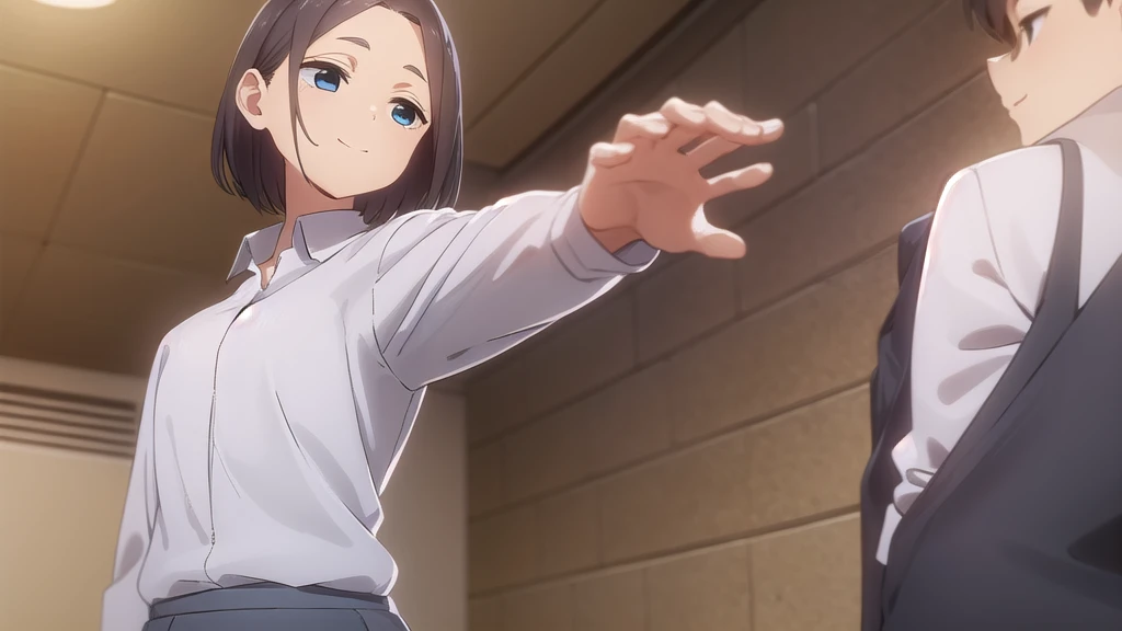 Monatsukishiro, Mona Tsukishiro, short hair, blue eyes, Brown Hair, (amount:1.2), smile,
break skirt, shirt, Long sleeve, white shirt, collared shirt, Best, Pencil Skirt, office lady,
break indoors, office,
break looking at viewer, (Cowboy Shot:1.5),
break (masterpiece:1.2), Highest quality, High resolution, unity 8k wallpaper, (figure:0.8), (Beautiful attention to detail:1.6), Highly detailed face, Perfect lighting, Highly detailed CG, (Perfect hands, Perfect Anatomy),