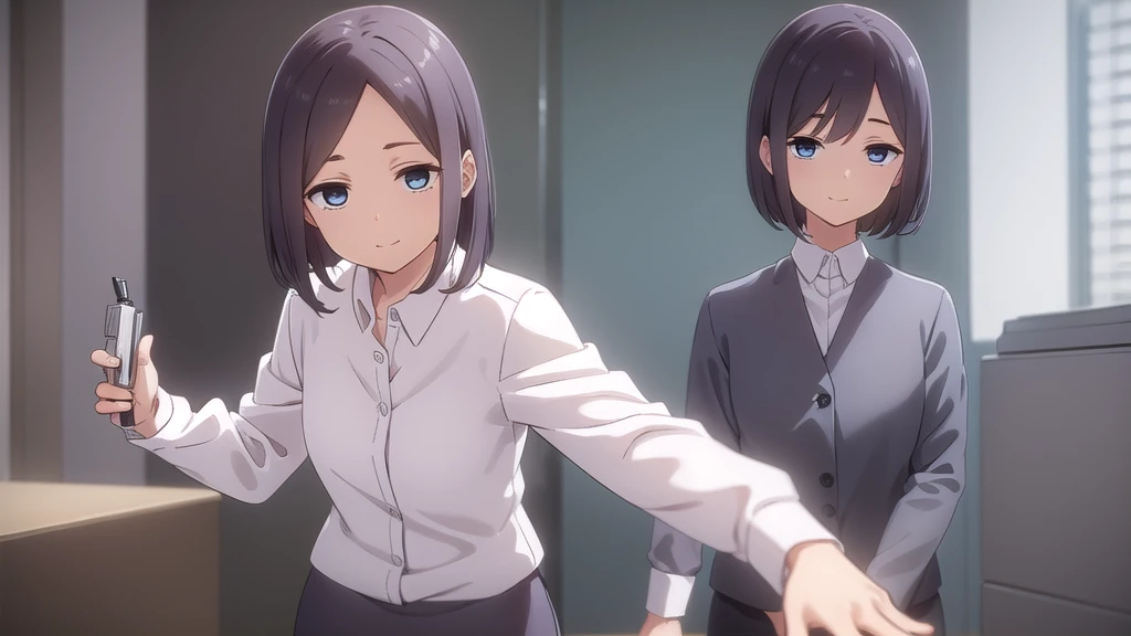 Monatsukishiro, Mona Tsukishiro, short hair, blue eyes, Brown Hair, (amount:1.2), smile,
break skirt, shirt, Long sleeve, white shirt, collared shirt, Best, Pencil Skirt, office lady,
break indoors, office,
break looking at viewer, (Cowboy Shot:1.5),
break (masterpiece:1.2), Highest quality, High resolution, unity 8k wallpaper, (figure:0.8), (Beautiful attention to detail:1.6), Highly detailed face, Perfect lighting, Highly detailed CG, (Perfect hands, Perfect Anatomy),