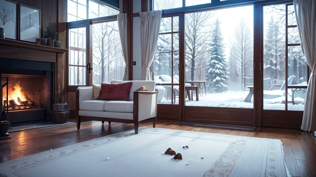 The scene depicts a cozy and well-decorated office, with a lit fireplace and a large window offering a serene view of a snow-covered forest. The snow falls gently outside, creating a tranquil contrast with the warmth inside. This lofi image creates a space of comfort and serenity, perfect for relaxing and getting lost in thoughts or creative work while appreciating the beauty of the falling snow.