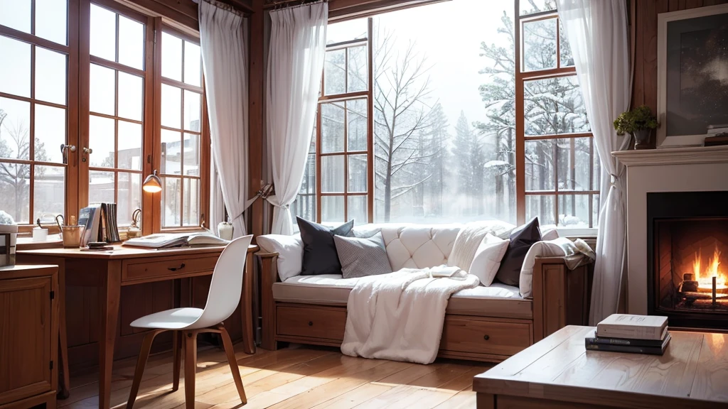 The scene depicts a cozy and well-decorated office, with a lit fireplace and a large window offering a serene view of a snow-covered forest. The snow falls gently outside, creating a tranquil contrast with the warmth inside. This lofi image creates a space of comfort and serenity, perfect for relaxing and getting lost in thoughts or creative work while appreciating the beauty of the falling snow.