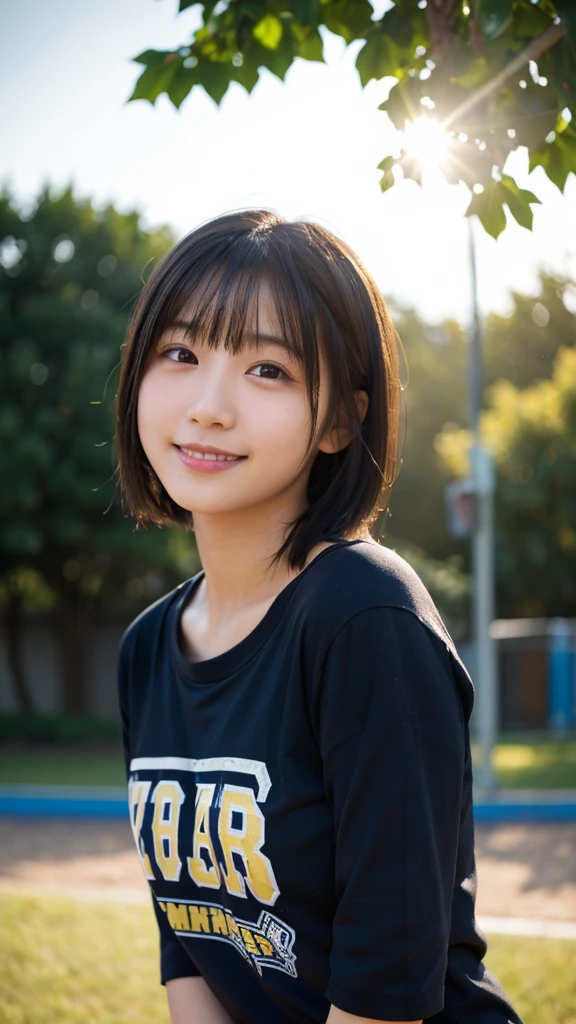 (Highest quality,masterpiece:1.3,Ultra-high resolution),(Very detailed,Caustics,8K),(Realistic:1.4,RAW shooting),1 Girl,18-year-old,cute,Japanese,Black short bob,(Tight T-shirt、Nipple erection),(Look at me with a smile),morning,blue sky,sun,Natural light,School Playground,(Front shot),Face Focus,Face close-up,Bust up shot,Low position,Low Angle,Backlight,Lens flare