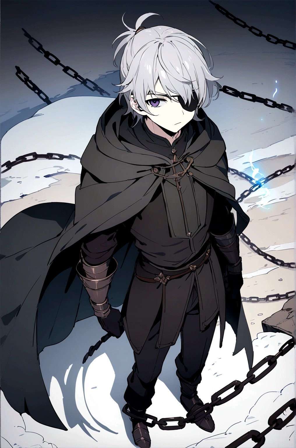 Anime character, a man, medieval era. Young man, 20 years old, large body, cold gaze, cold expression, white skin, short messy gray hair, ponytail, left eye patch, black clothes, black shirt, dark cape with hood, chains. frontal camera. Walking in a sea of ​​blood. Three moons shining high in the sky, purple, red and blue. White electricity emanating from his body, black electricity emanating from his left hand. Right eye shining in a white ray. Thunderous white lightning. (best quality, 4k, 8k, high resolution, masterpiece: 1.2), vibrant, ultra-detailed colors, chiaroscuro lighting, dramatic pose, intricate details, fantasy, mystical, powerful