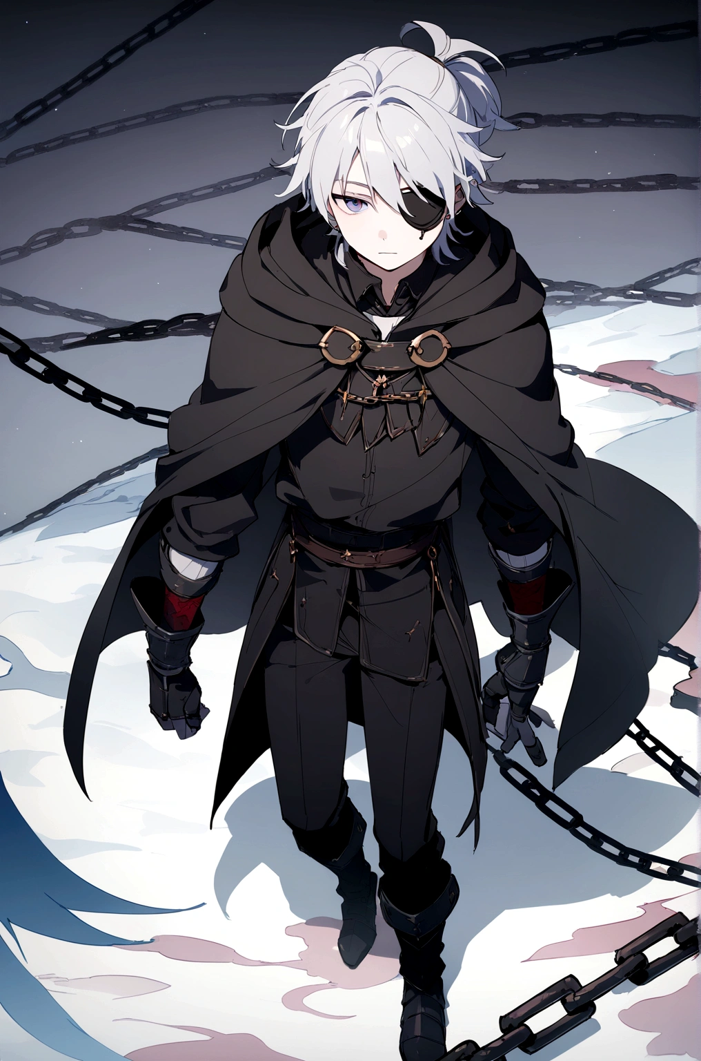 Anime character, a man, medieval era. Young man, 20 years old, large body, cold gaze, cold expression, white skin, short messy gray hair, ponytail, left eye patch, black clothes, black shirt, dark cape with hood, chains. frontal camera. Walking in a sea of ​​blood. Three moons shining high in the sky, purple, red and blue. White electricity emanating from his body, black electricity emanating from his left hand. Right eye shining in a white ray. Thunderous white lightning. (best quality, 4k, 8k, high resolution, masterpiece: 1.2), vibrant, ultra-detailed colors, chiaroscuro lighting, dramatic pose, intricate details, fantasy, mystical, powerful