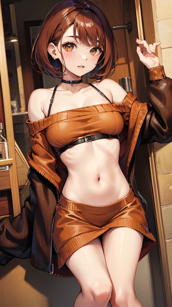 1 girl, beautiful girl, short hair, reddish brown, belly sweater, chest open sweater