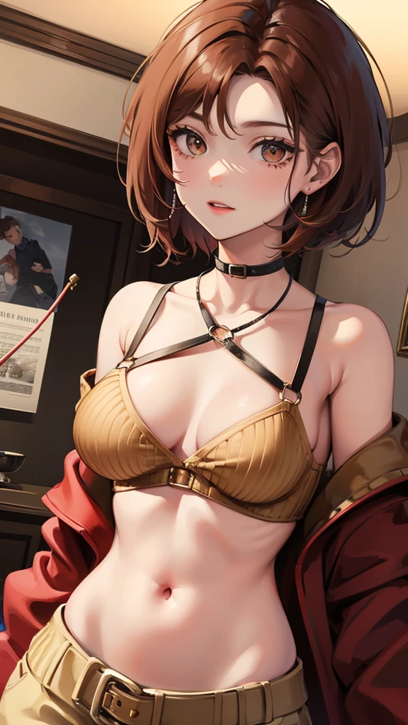 1 girl, beautiful girl, short hair, reddish brown, belly sweater, chest open sweater