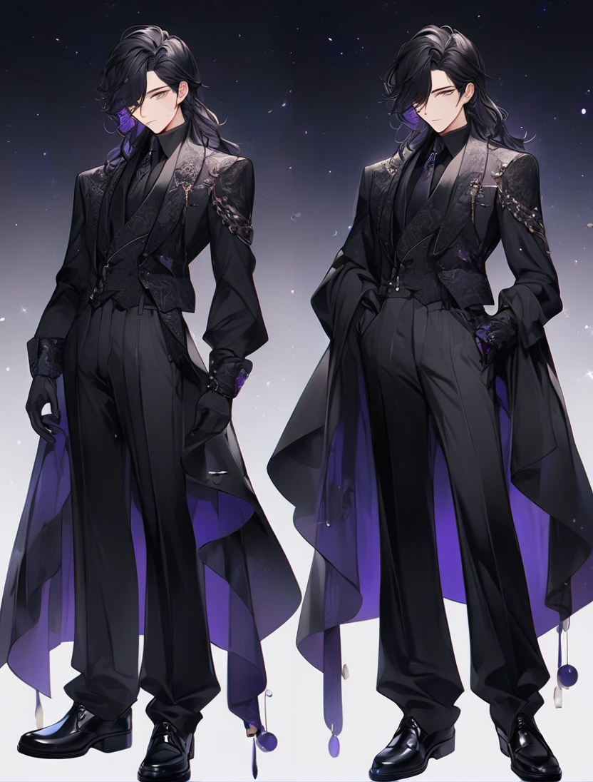 (black_hair), (long_male_hair), (deep_purple_eyes), (detailed_eyes), (attractive), (emotionless), (Deep_space_background), (male), (wearing _a_black_suit),(wears_black_pants), (black_leather_shoes), (black_tight_gloves), (long_male_hair), (detailed_Hair), (detailed), (detailed_mouth), (mysterious), (complicated), (full_body_image)