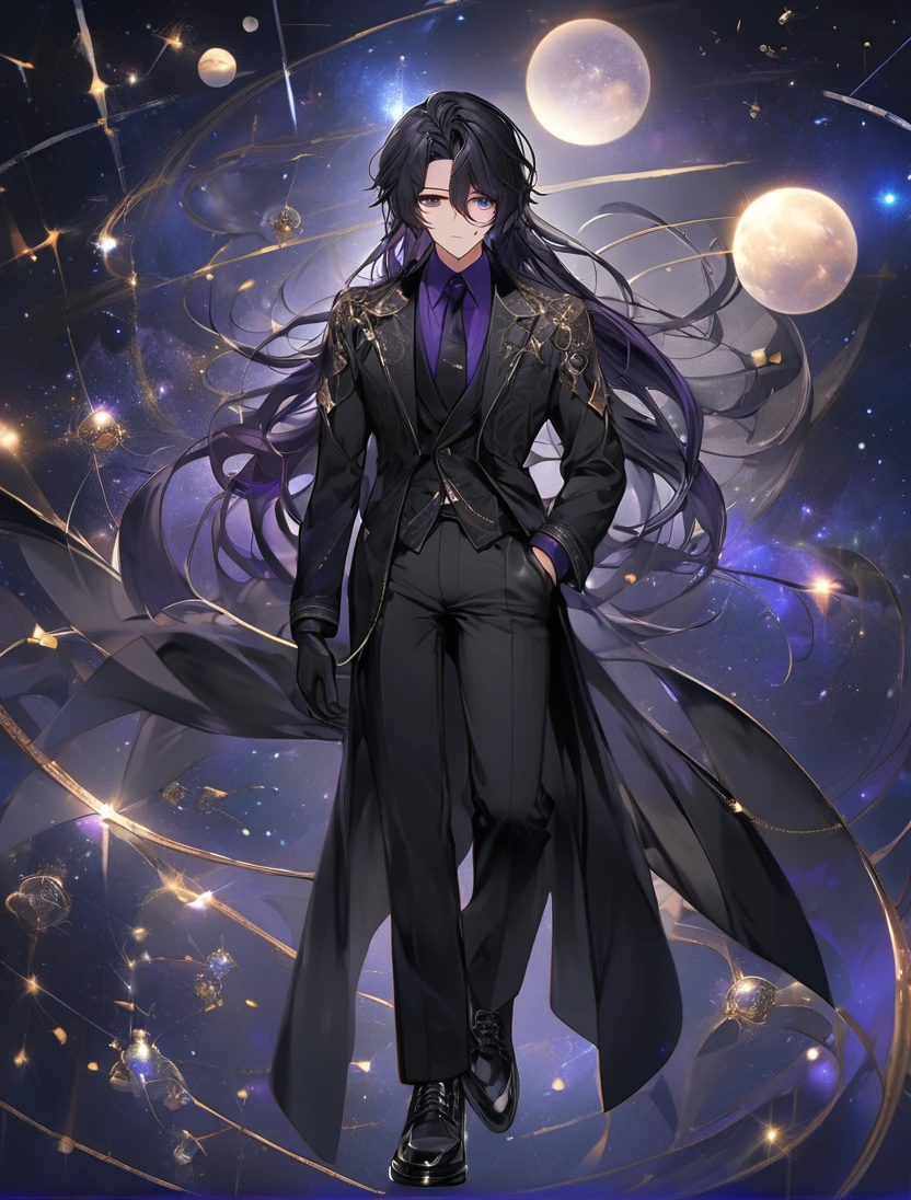 (black_hair), (long_male_hair), (deep_purple_eyes), (detailed_eyes), (attractive), (emotionless), (Deep_space_background), (male), (wearing _a_black_suit),(wears_black_pants), (black_leather_shoes), (black_tight_gloves), (long_male_hair), (detailed_Hair), (detailed), (detailed_mouth), (mysterious), (complicated), (full_body_image)