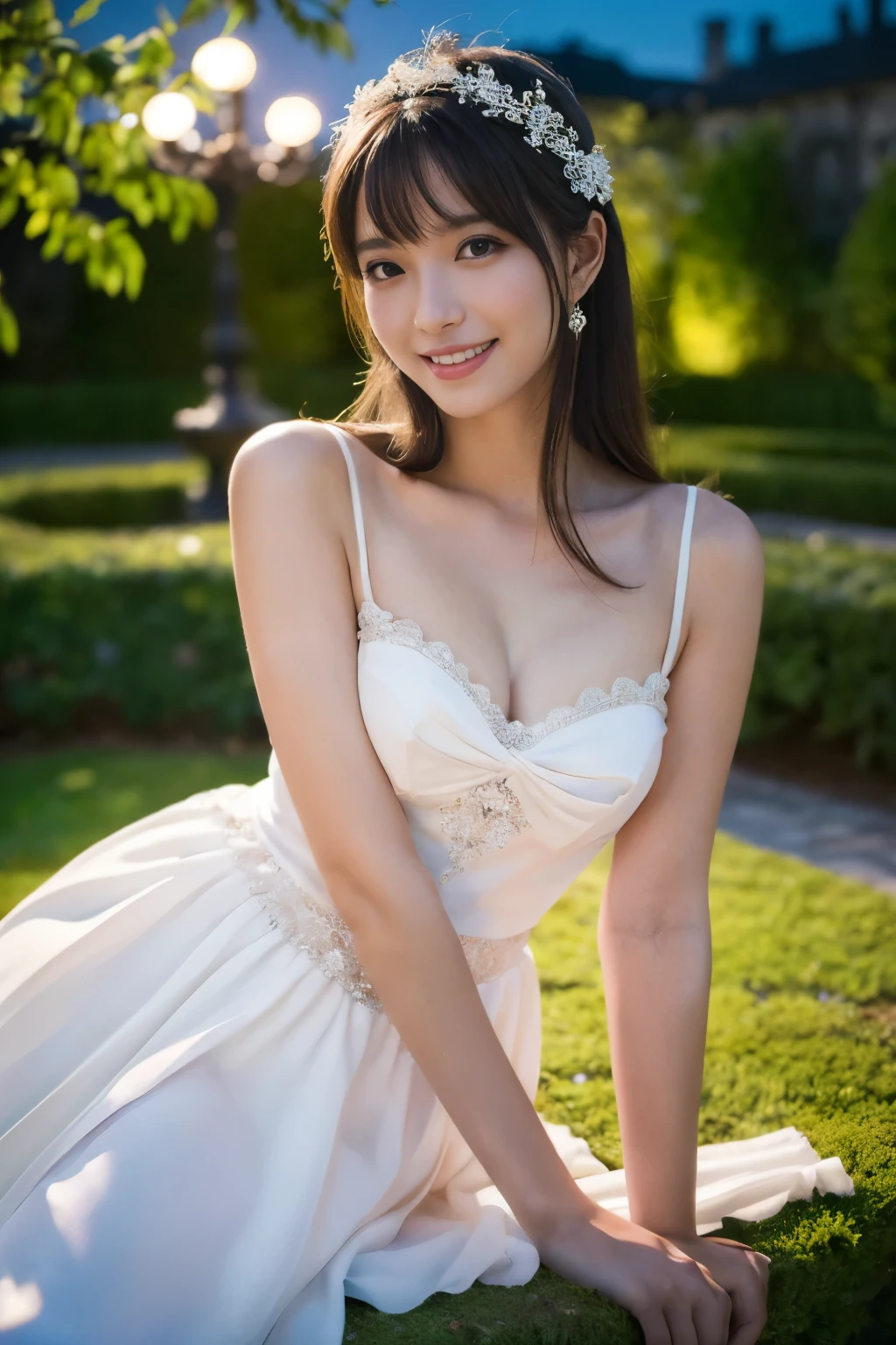 ((Tabletop:1.4, Highest quality)), (Realistic photos:1.4),
((1 Girl)), (Pure actress), (dream-like),
(超High resolution:1.2), Very delicate and beautiful, wonderful, Very detailed CG Unity 8k 壁紙, Very detailed, High resolution,
Soft Light, Beautiful detailed girl, Very detailed目と顔, Beautiful and detailed nose, Beautiful and detailed,
(Wear a white dress:1.3),
Cinema Lighting, Perfect Anatomy, Slender body, (Parted bangs),
(Relaxing in a European castle garden at night:1.3), (moon明かりに照らされる花園:1.3), (Colorful flowers bloom profusely々), (moon), (Outdoor), (Light and dark contrast),
Cowboy Shot, Looking at the audience, (Old-fashioned smile)