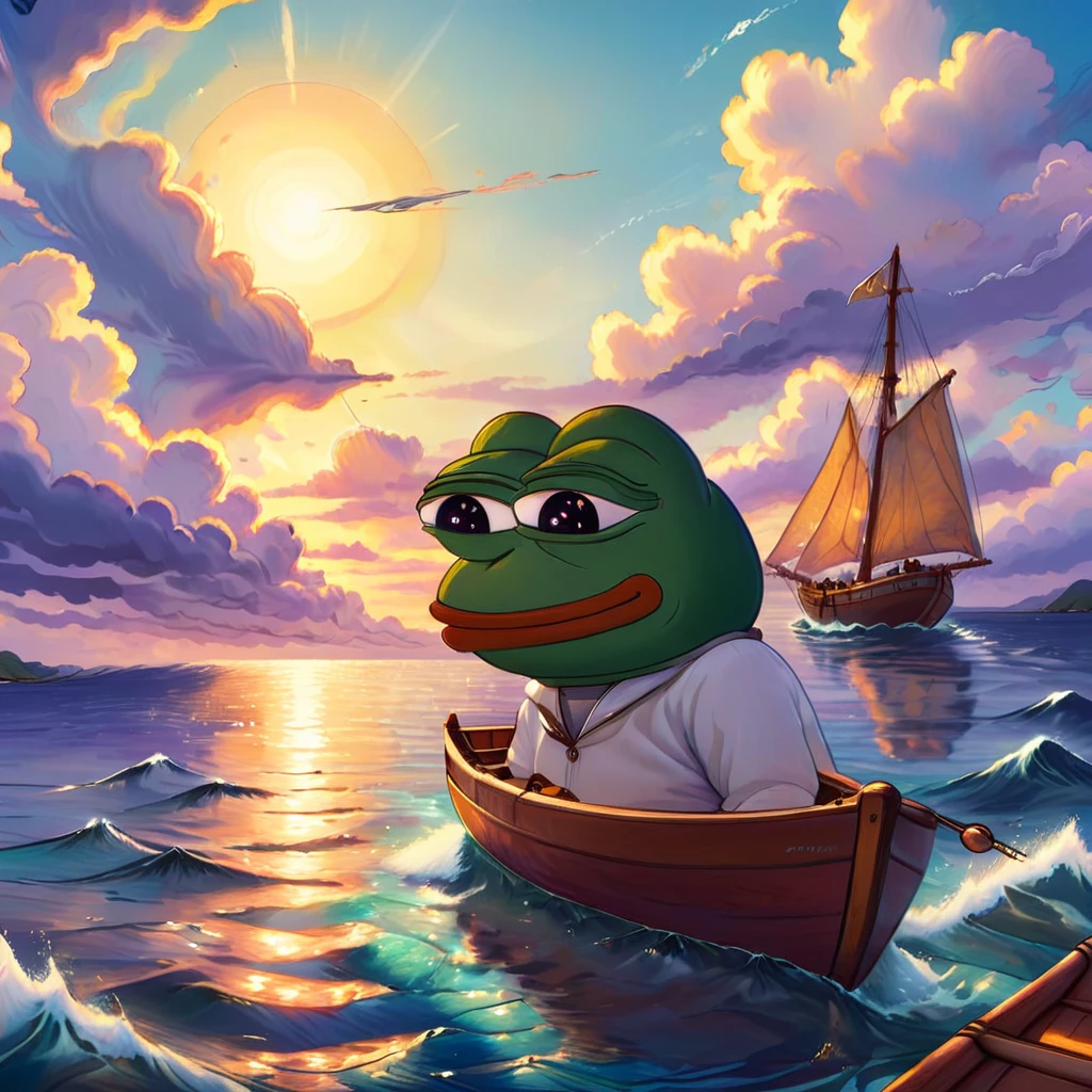 pepe the frog, sailing, cartoon style, whimsical, vibrant colors, cute, humorous, peaceful, serene ocean, sunset sky, clouds, wooden boat, water reflection, detailed textures, cinematic lighting, digital painting