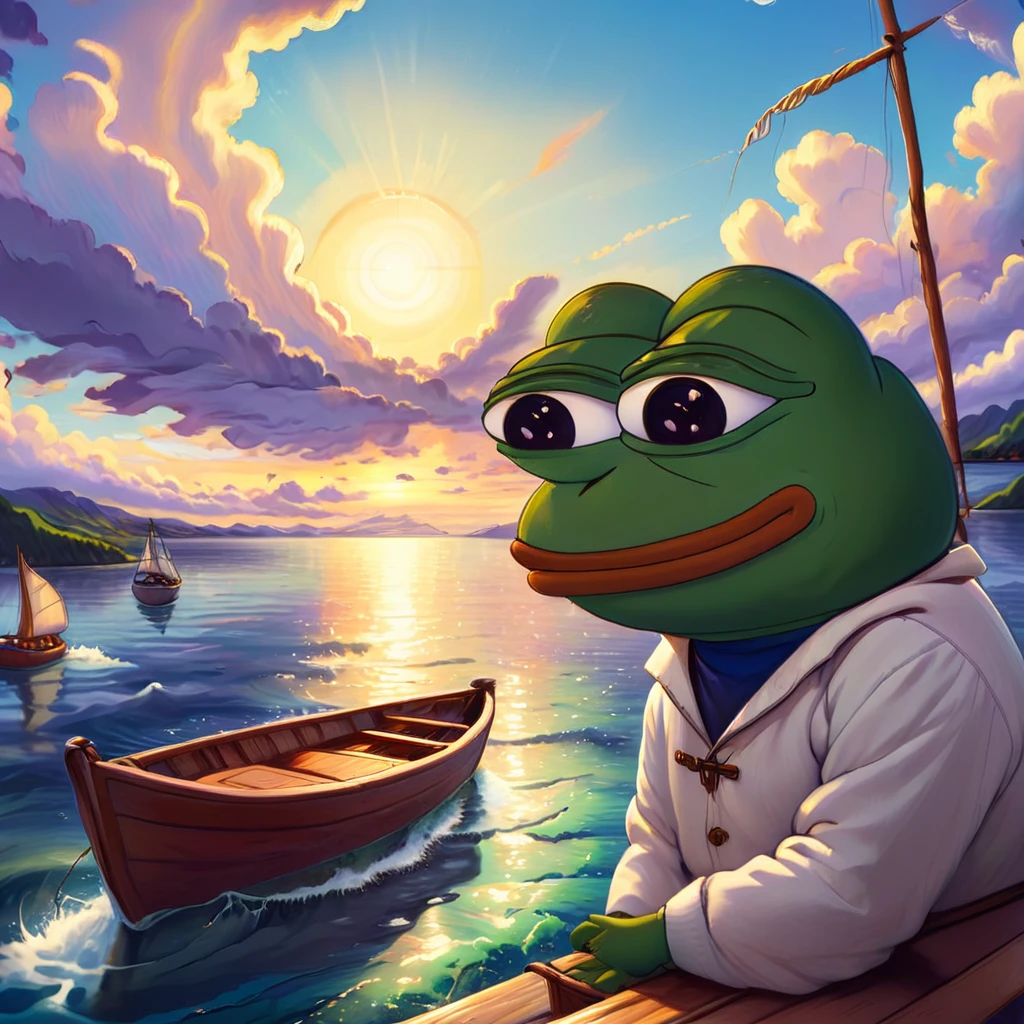 pepe the frog, sailing, cartoon style, whimsical, vibrant colors, cute, humorous, peaceful, serene ocean, sunset sky, clouds, wooden boat, water reflection, detailed textures, cinematic lighting, digital painting