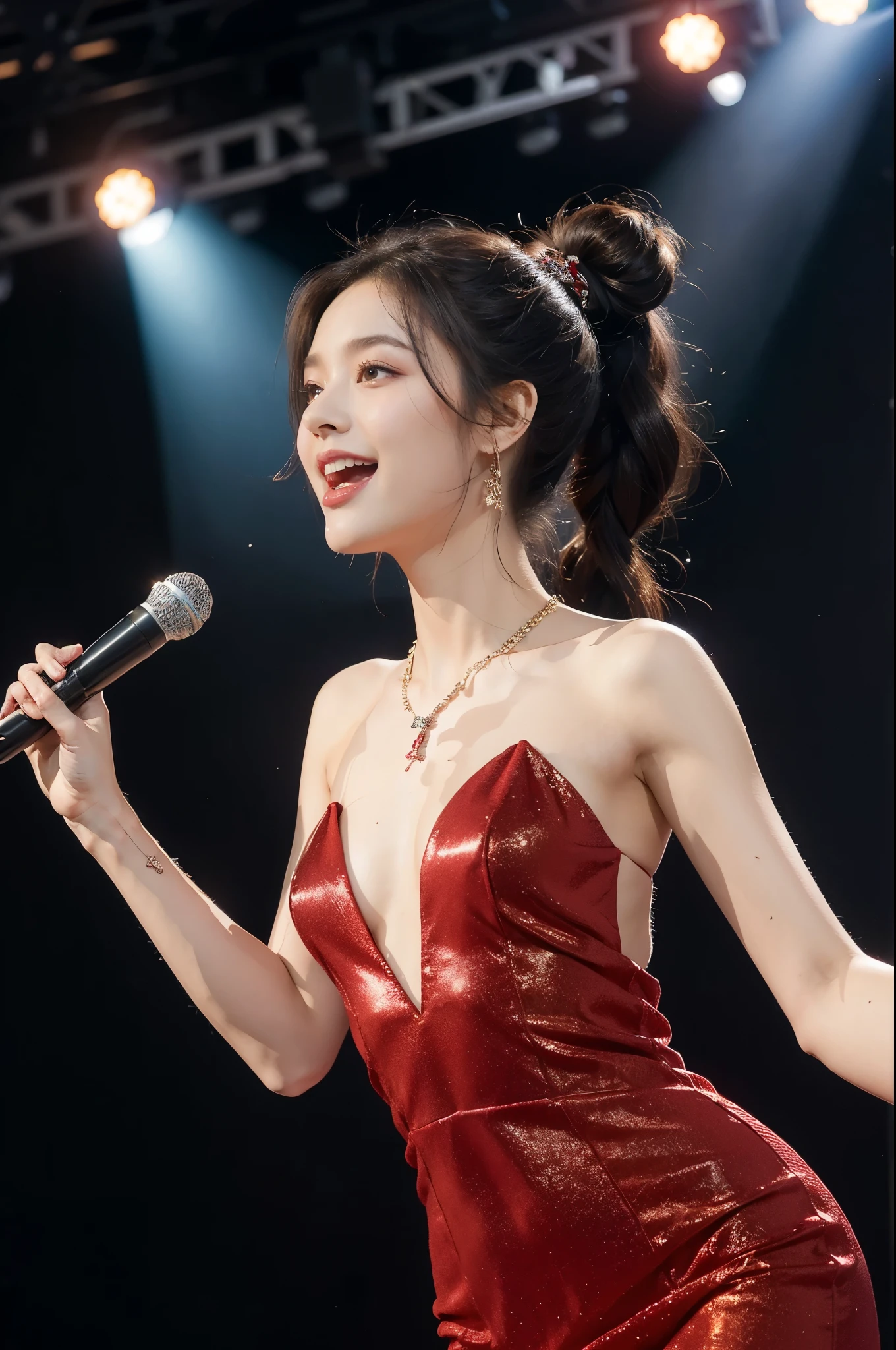 (((best quality))),(((ultra detailed))),(((masterpiece))),illustration, 1girl,singer,solo,short ponytail,open mouth,laughing,slim,thin,flat chest,small breasts,earrings,necklace,Maxi gorgeous sparkled red dress,slender legs,on the stage, performance, passion, confidence, elegance, lighting effects, decorations, audience, melodious voice, beautiful appearance, captivating performance,standing,upper body,from front