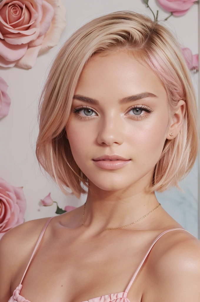  light pink roses (highly detailed skin: 1.2) Style-Petal BREAK short hair, blonde hair with colored locks, wearing a dress, film granulation, 35mm, cute style
