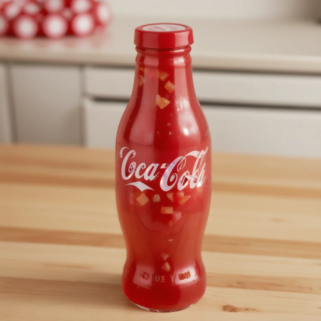  in the kitchen, on a wooden table, a red jelly bottle with a gummy particles inside of it, coca-cola, jelly texture, gummy texuture, candy, realistic texture, realistic style, detailed texture, high quality, high resolution, high quality rendering, realistic photo, brightning light, macro photo, ultra hd 4k
