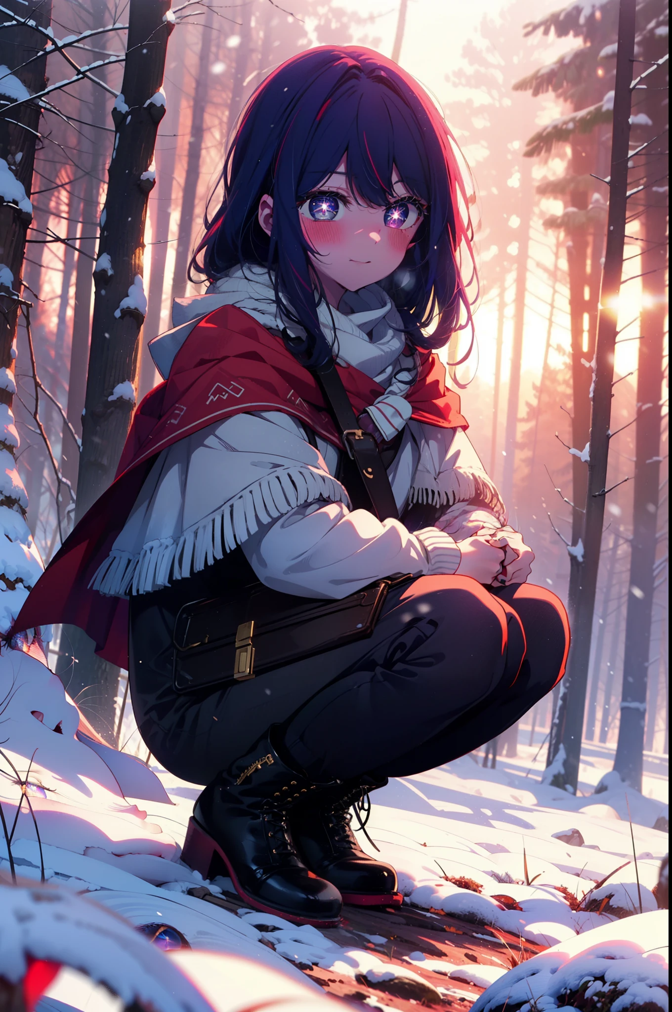 aihoshino, Ai Hoshino, Long Hair, bangs, (Purple eyes:1.1), Purple Hair, (Symbol-shaped pupil:1.5), smile,,smile,blush,White Breath,
Open your mouth,snow,Ground bonfire, Outdoor, boots, snowing, From the side, wood, suitcase, Cape, Blurred, , forest, White handbag, nature, Squat, Mouth closed, Cape, winter, Written boundary depth, Black shoes, red Cape break looking at viewer, Upper Body, whole body, break Outdoor, forest, nature, break (masterpiece:1.2), Highest quality, High resolution, unity 8k wallpaper, (shape:0.8), (Beautiful and beautiful eyes:1.6), Highly detailed face, Perfect lighting, Highly detailed CG, (Perfect hands, Perfect Anatomy),