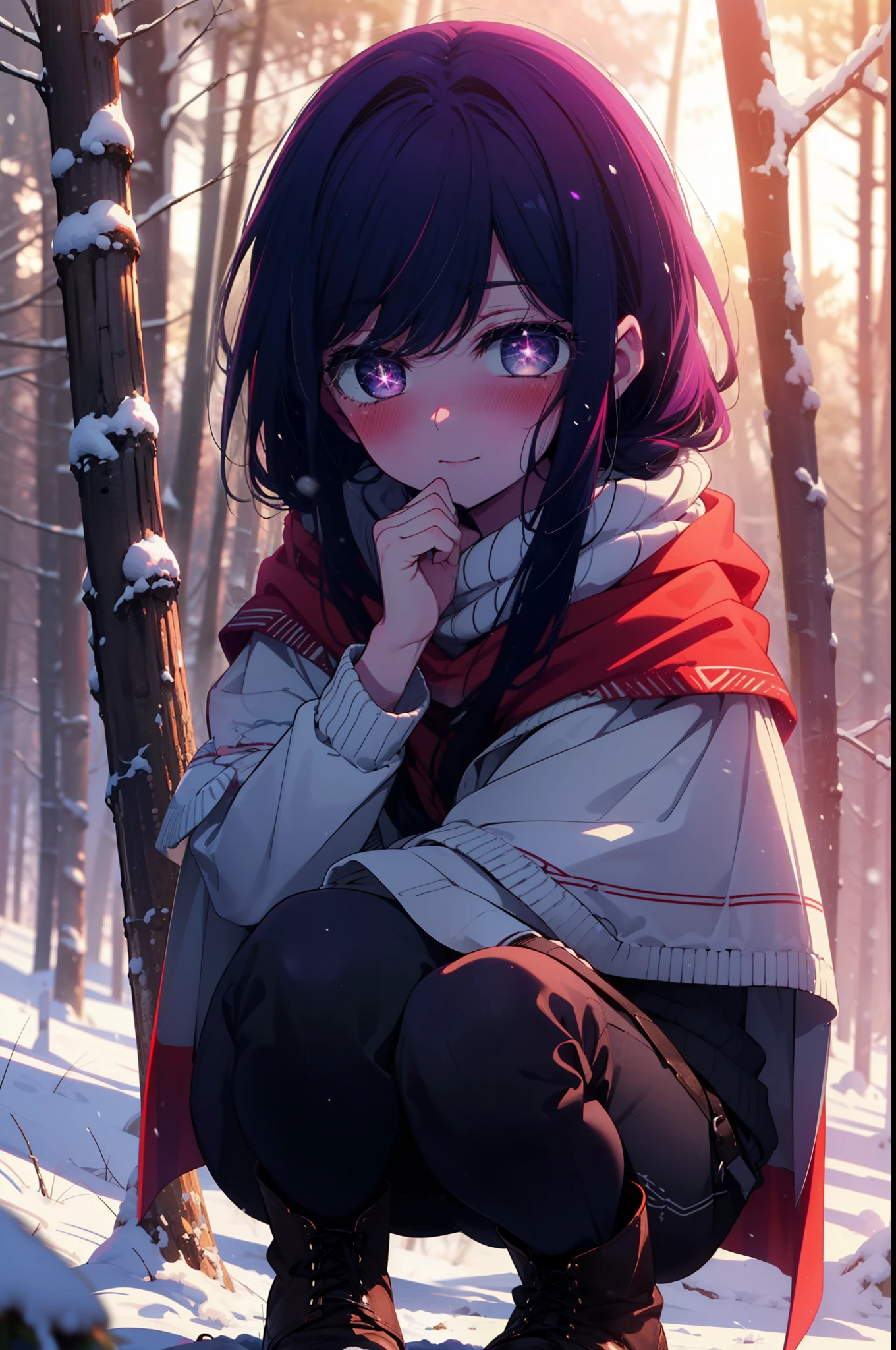 aihoshino, Ai Hoshino, Long Hair, bangs, (Purple eyes:1.1), Purple Hair, (Symbol-shaped pupil:1.5), smile,,smile,blush,White Breath,
Open your mouth,snow,Ground bonfire, Outdoor, boots, snowing, From the side, wood, suitcase, Cape, Blurred, , forest, White handbag, nature, Squat, Mouth closed, Cape, winter, Written boundary depth, Black shoes, red Cape break looking at viewer, Upper Body, whole body, break Outdoor, forest, nature, break (masterpiece:1.2), Highest quality, High resolution, unity 8k wallpaper, (shape:0.8), (Beautiful and beautiful eyes:1.6), Highly detailed face, Perfect lighting, Highly detailed CG, (Perfect hands, Perfect Anatomy),